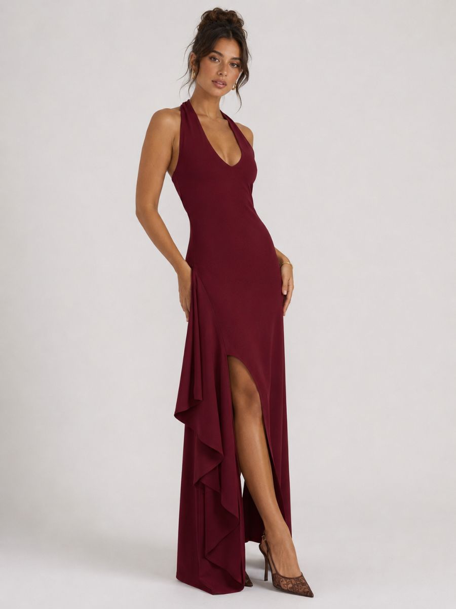 Porta Crepe Halter Ruffle Maxi Dress