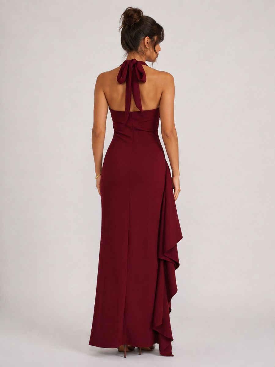 Porta Crepe Halter Ruffle Maxi Dress