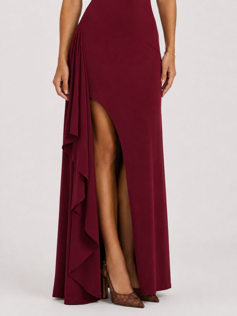 Porta Crepe Halter Ruffle Maxi Dress