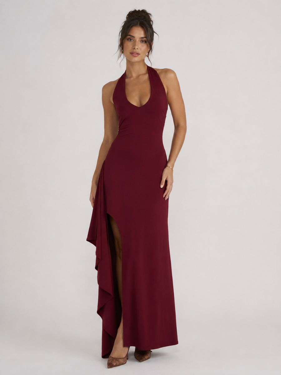 Porta Crepe Halter Ruffle Maxi Dress