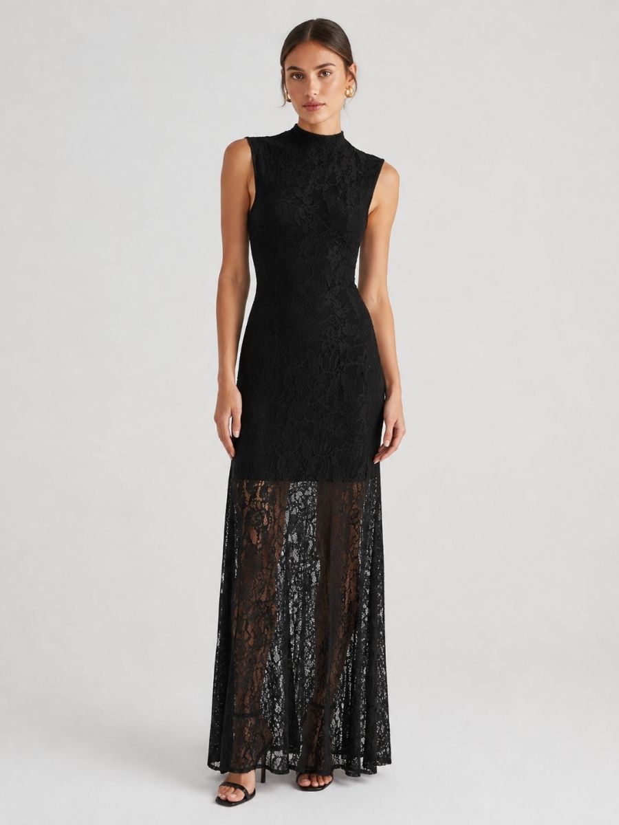 Alyn Mock Neck Lace Overlay Dress