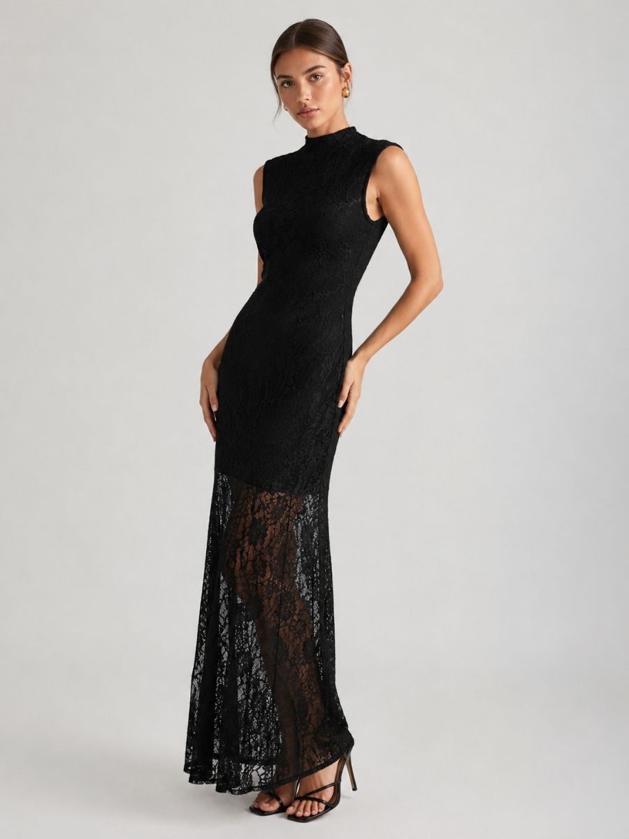 Alyn Mock Neck Lace Overlay Dress
