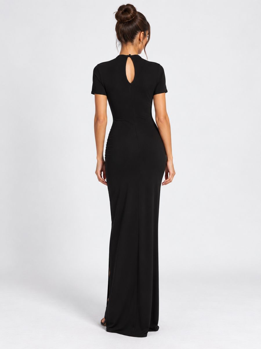 Paris Mock Neck Ruched Slit Maxi Dress