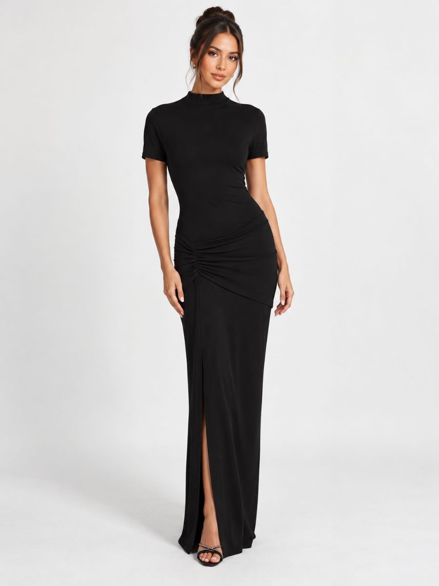 Paris Mock Neck Ruched Slit Maxi Dress