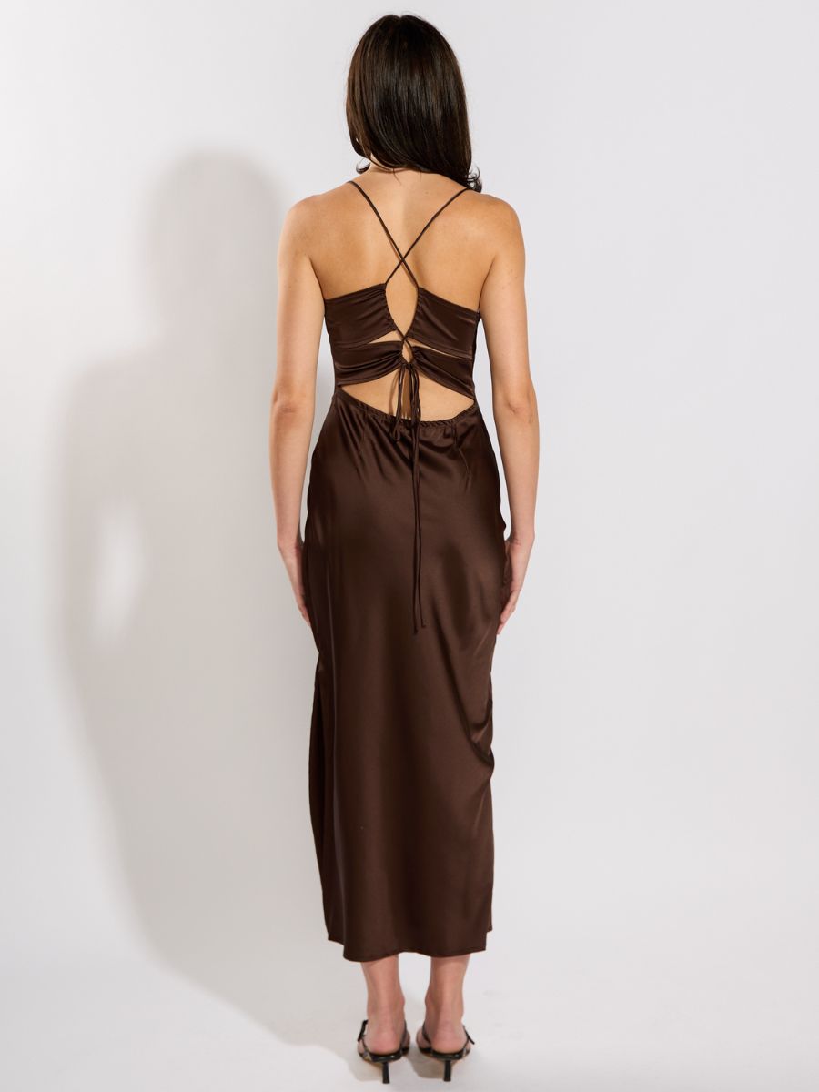 Bogota Solid Tie Back Satin Midi Dress