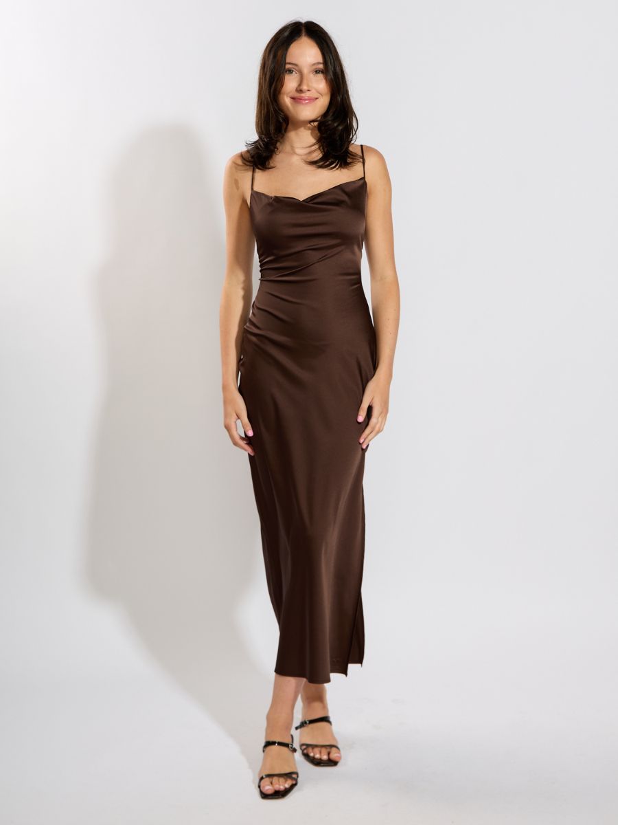 Bogota Solid Tie Back Satin Midi Dress