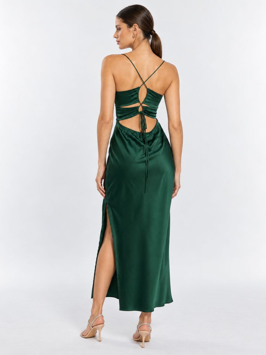 Bogota Solid Tie Back Satin Midi Dress