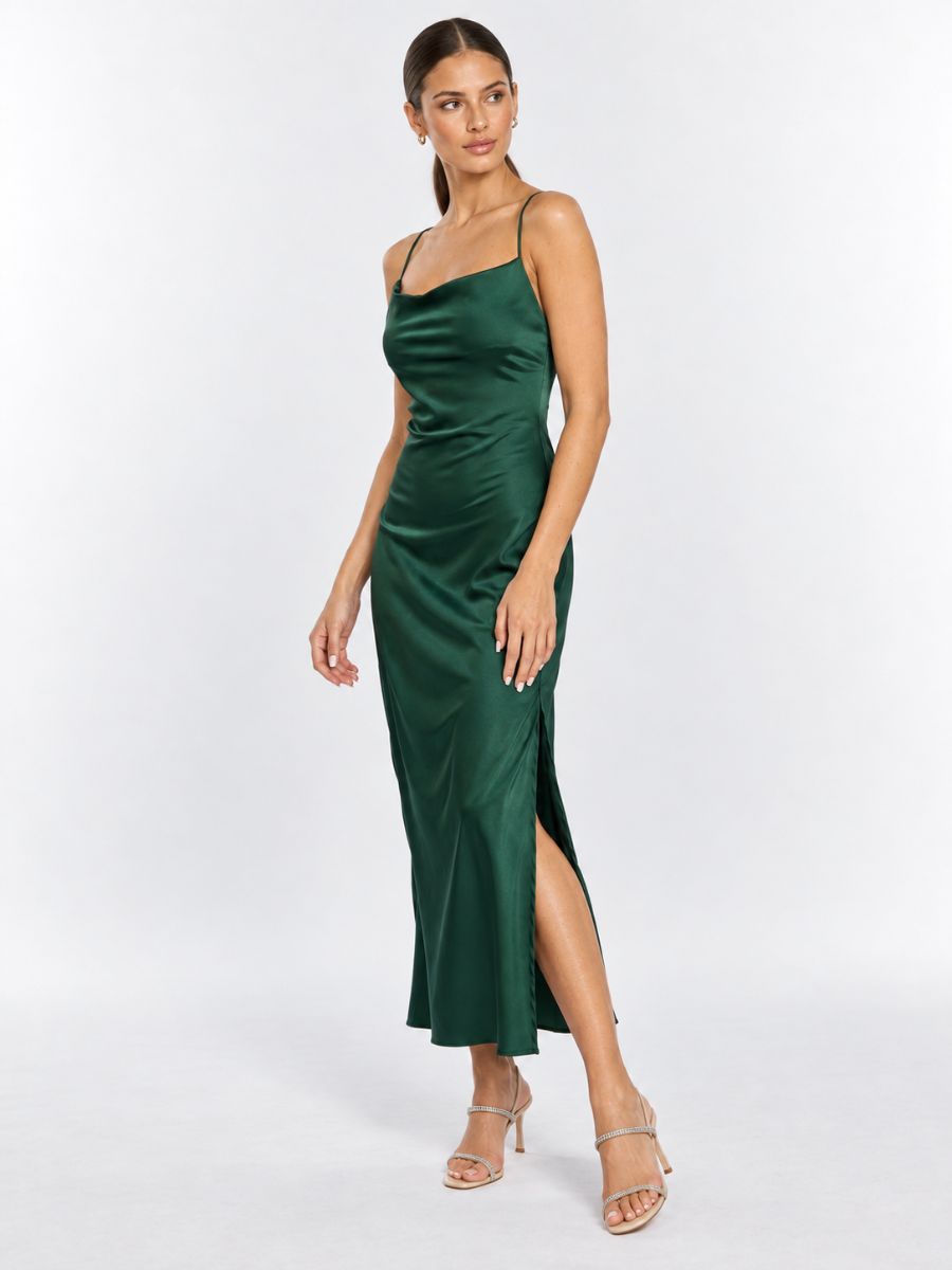Bogota Solid Tie Back Satin Midi Dress
