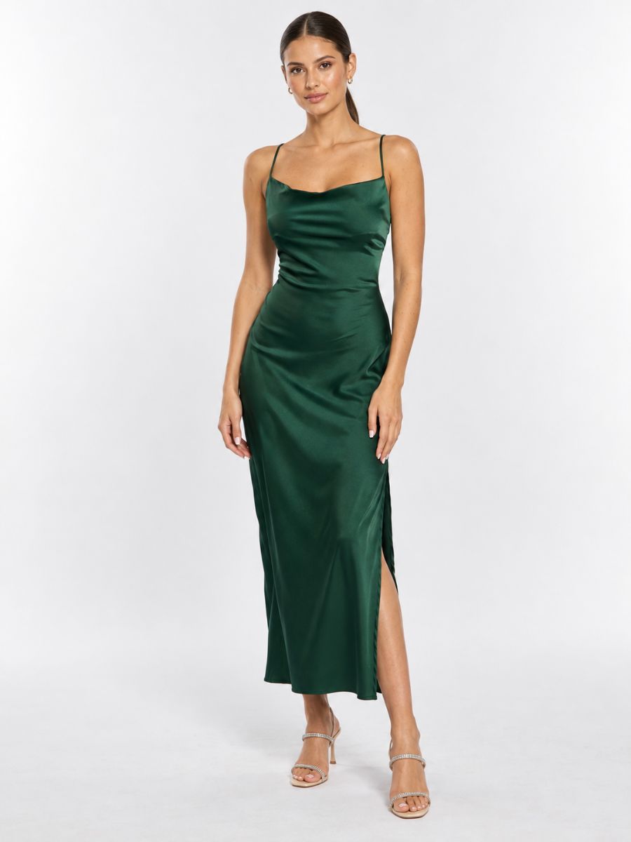 Bogota Solid Tie Back Satin Midi Dress