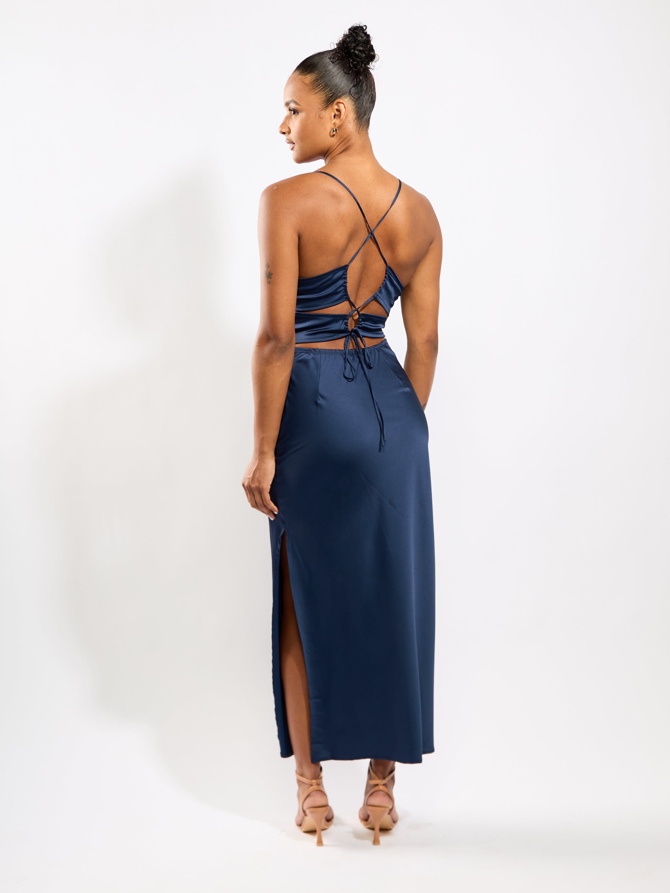Bogota Solid Tie Back Satin Midi Dress
