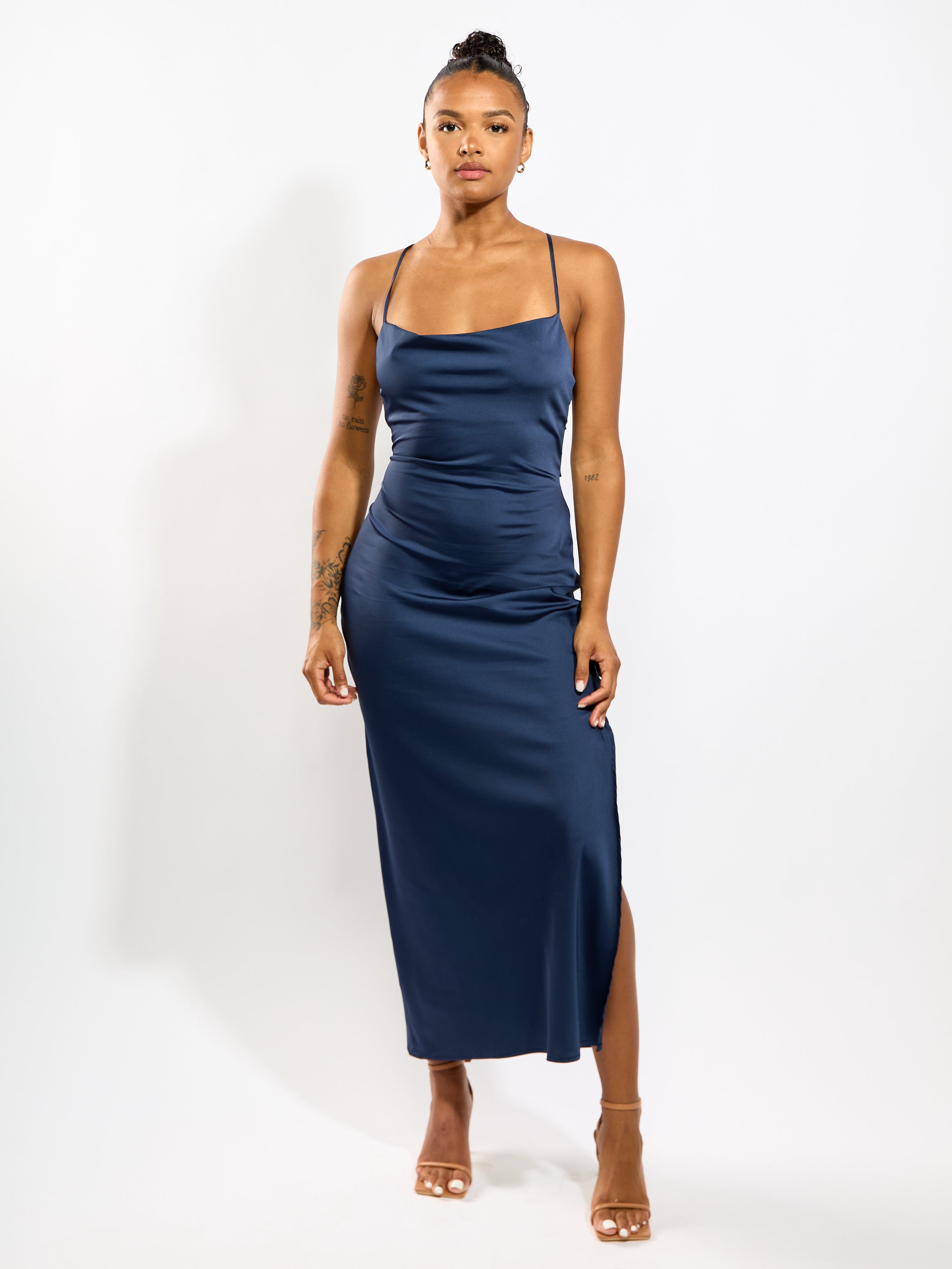 Bogota Solid Tie Back Satin Midi Dress