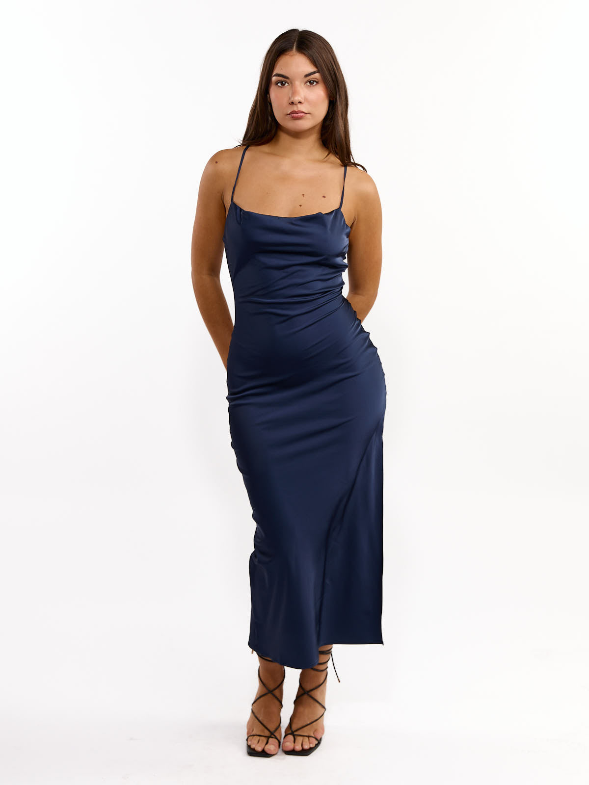 Bogota Solid Tie Back Satin Midi Dress