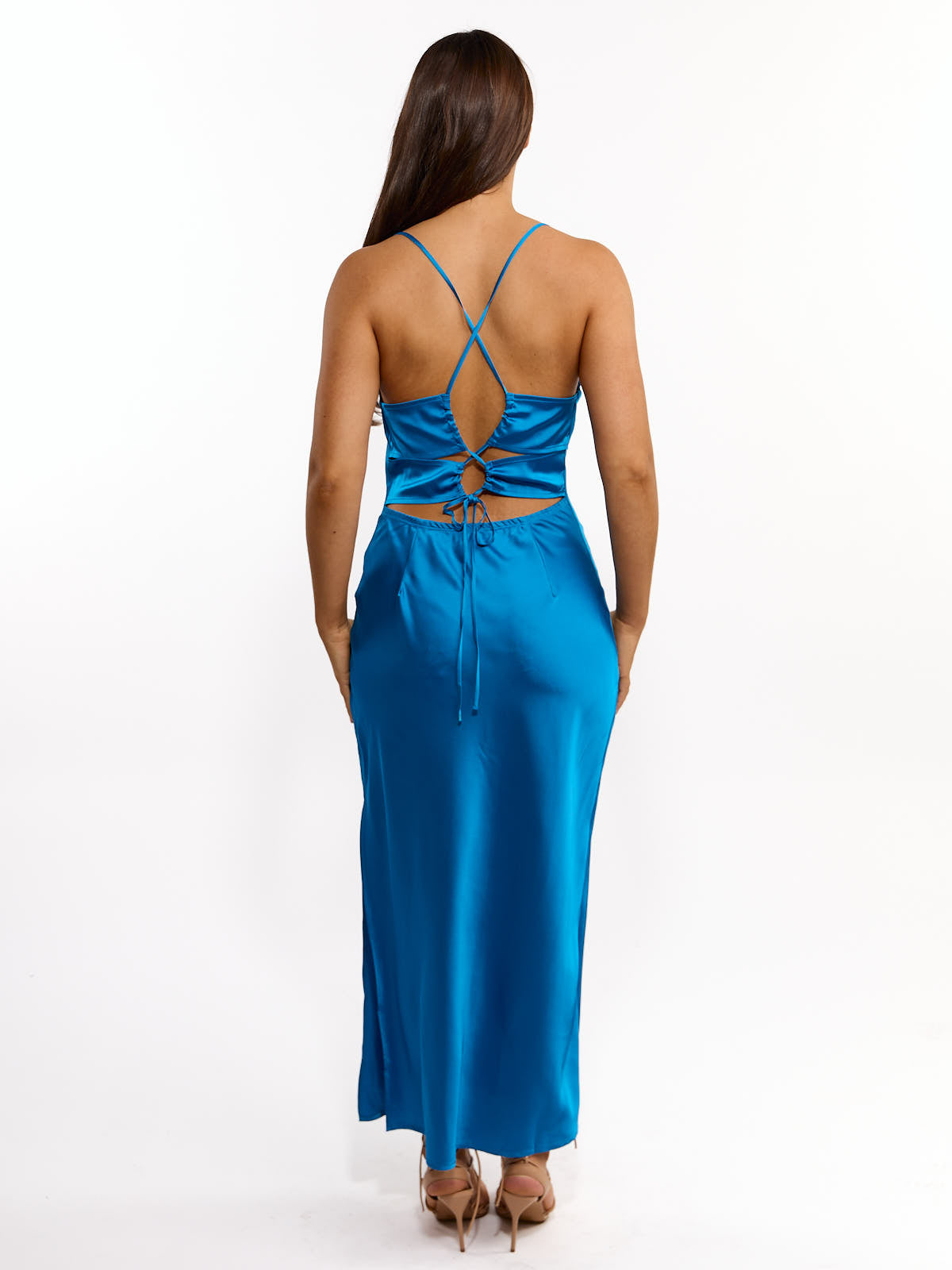 Bogota Solid Tie Back Satin Midi Dress