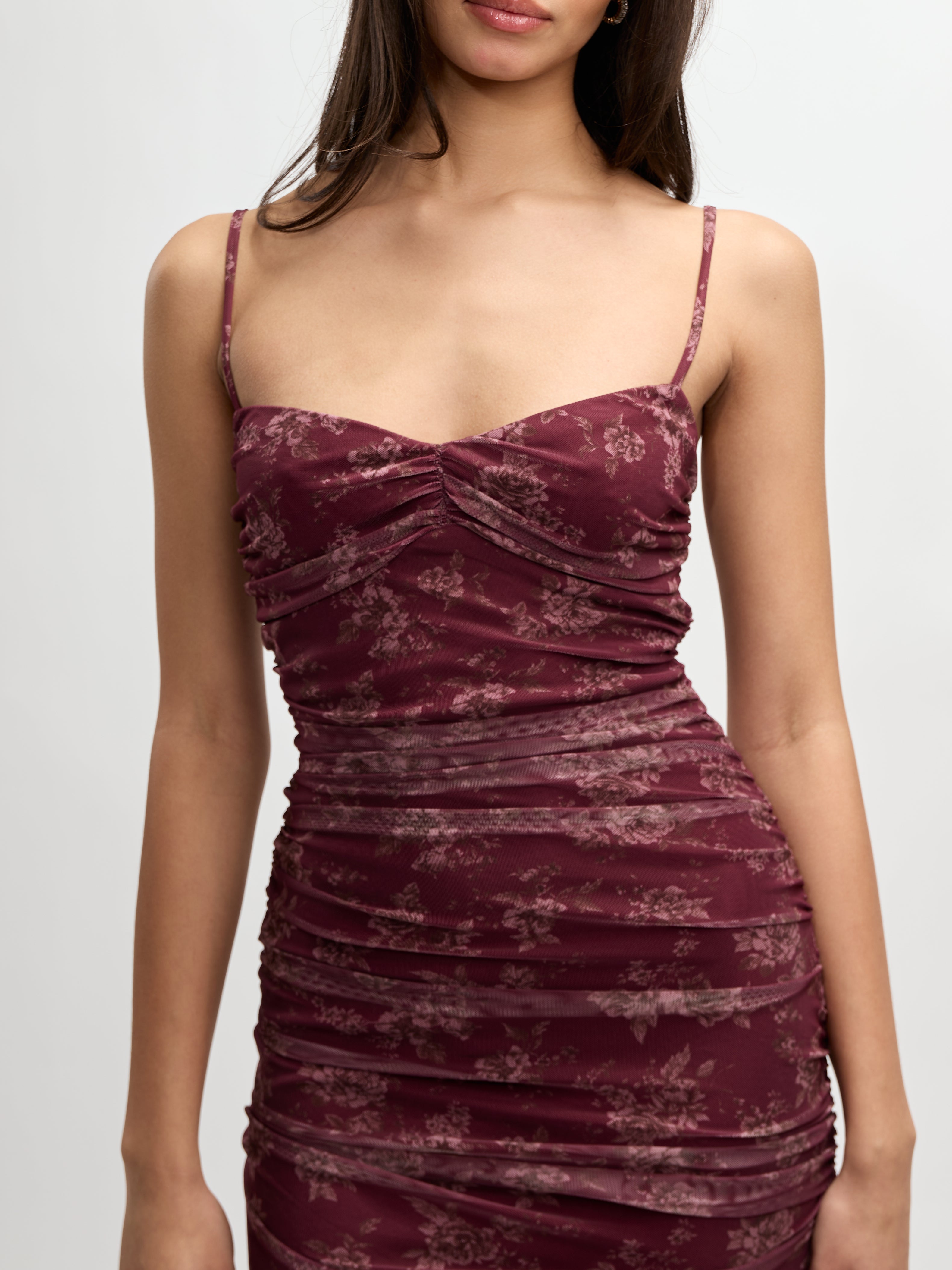 Becca Ruched Front Mesh Midi Dress