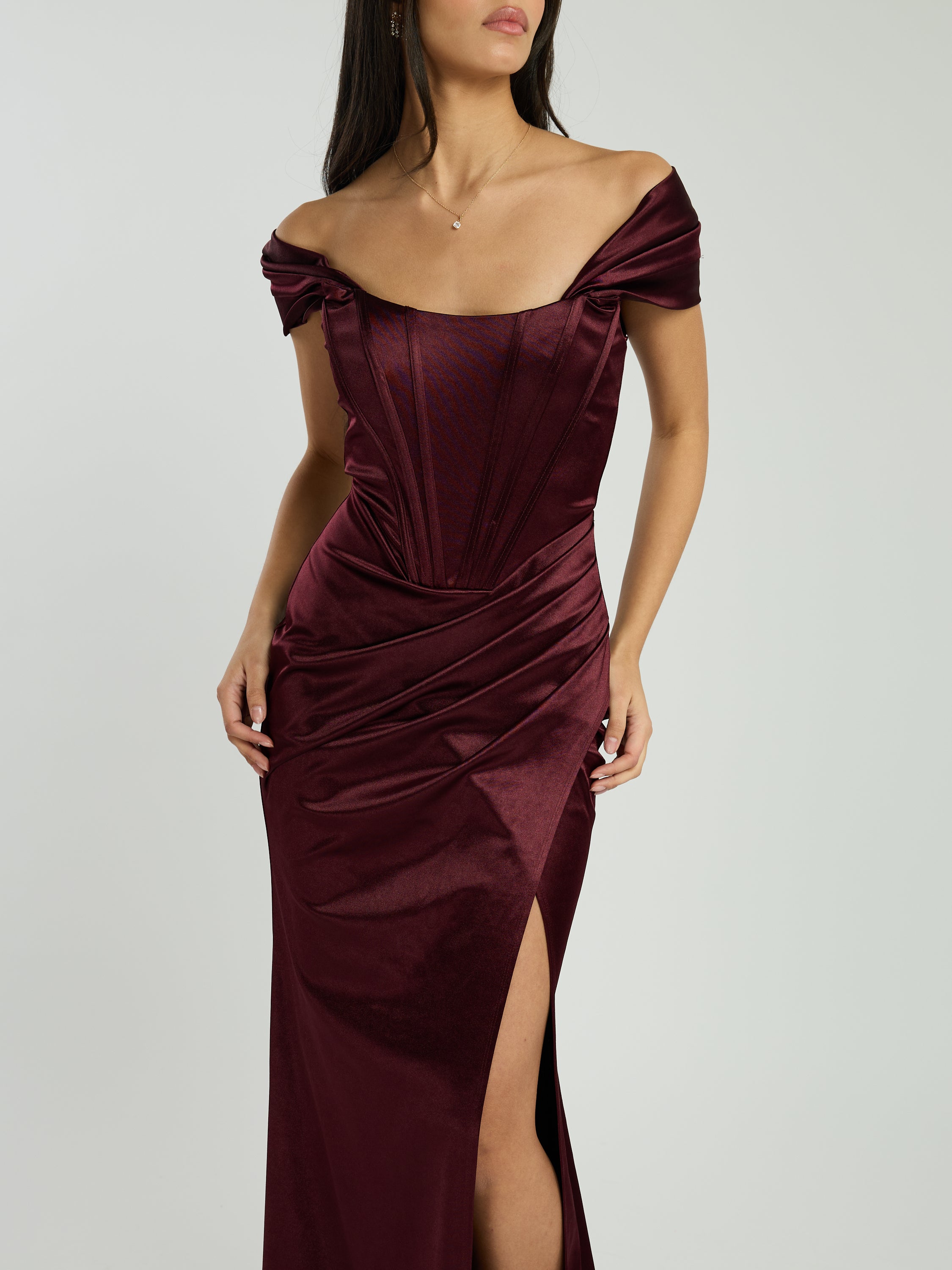 Justine Off-The-Shoulder Satin Drape Maxi Dress