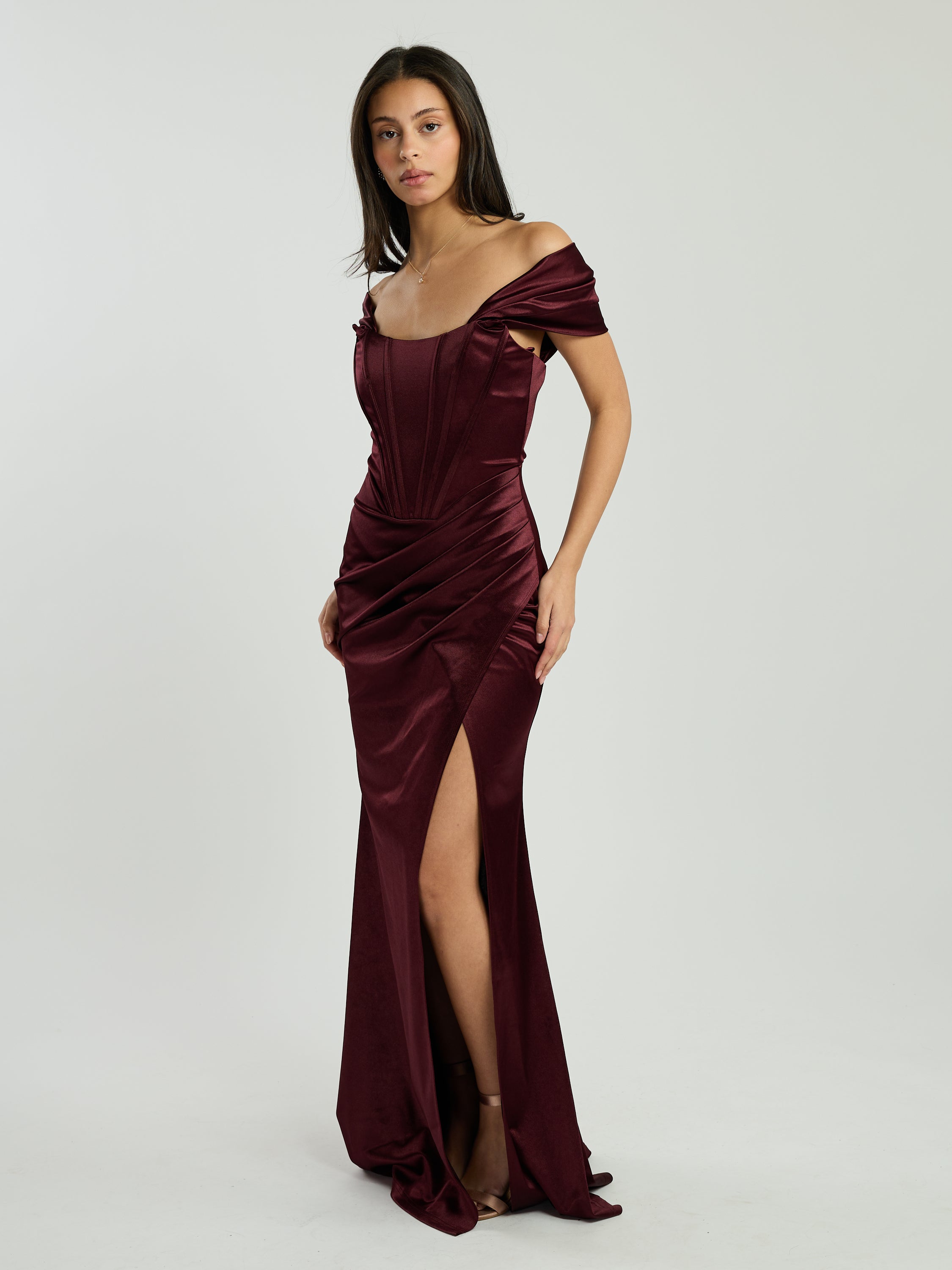Justine Off-The-Shoulder Satin Drape Maxi Dress