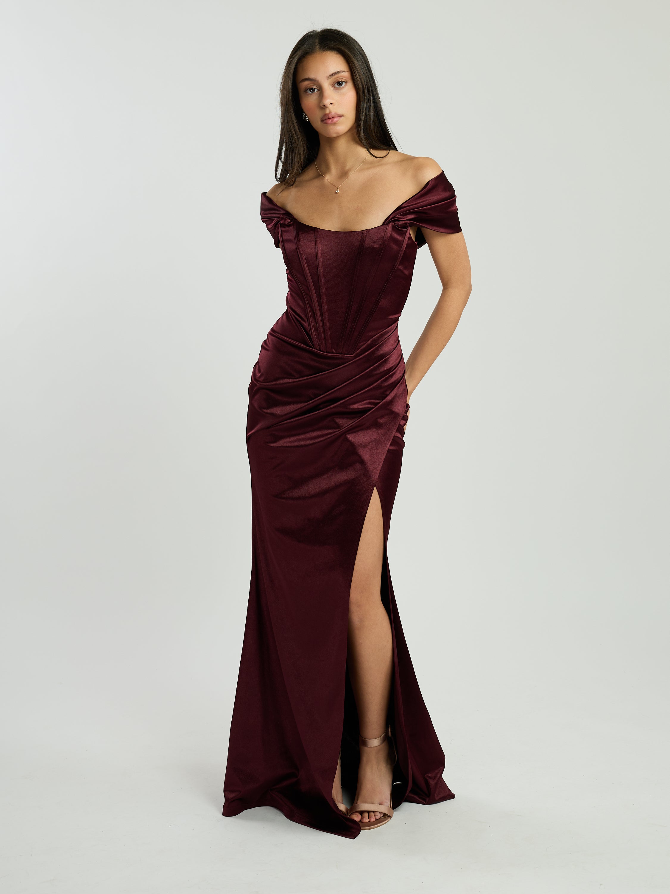 Justine Off-The-Shoulder Satin Drape Maxi Dress