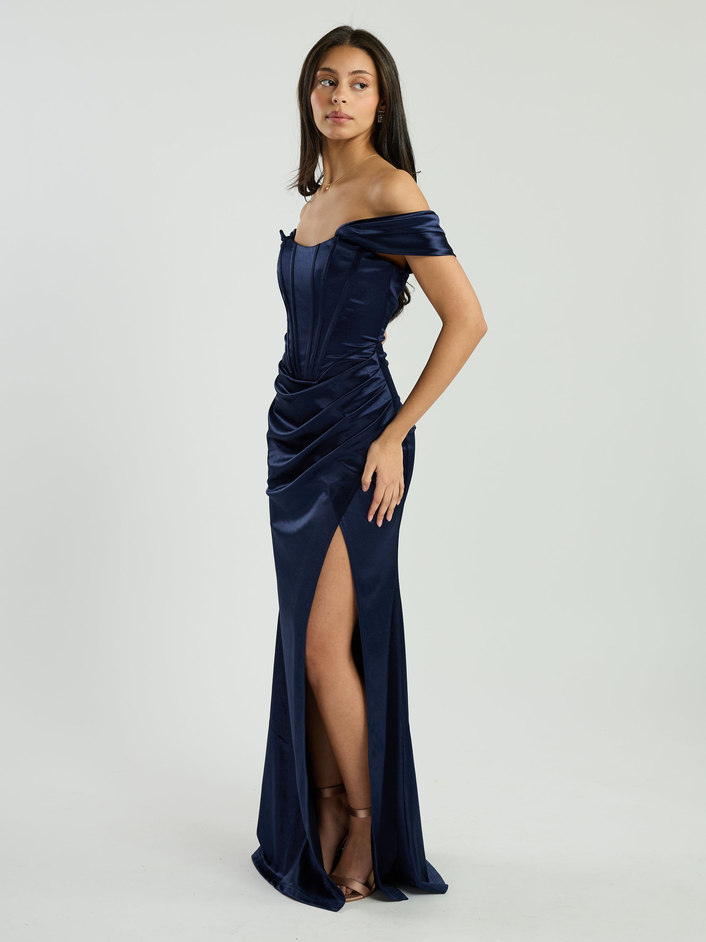 Justine Off-The-Shoulder Satin Drape Maxi Dress