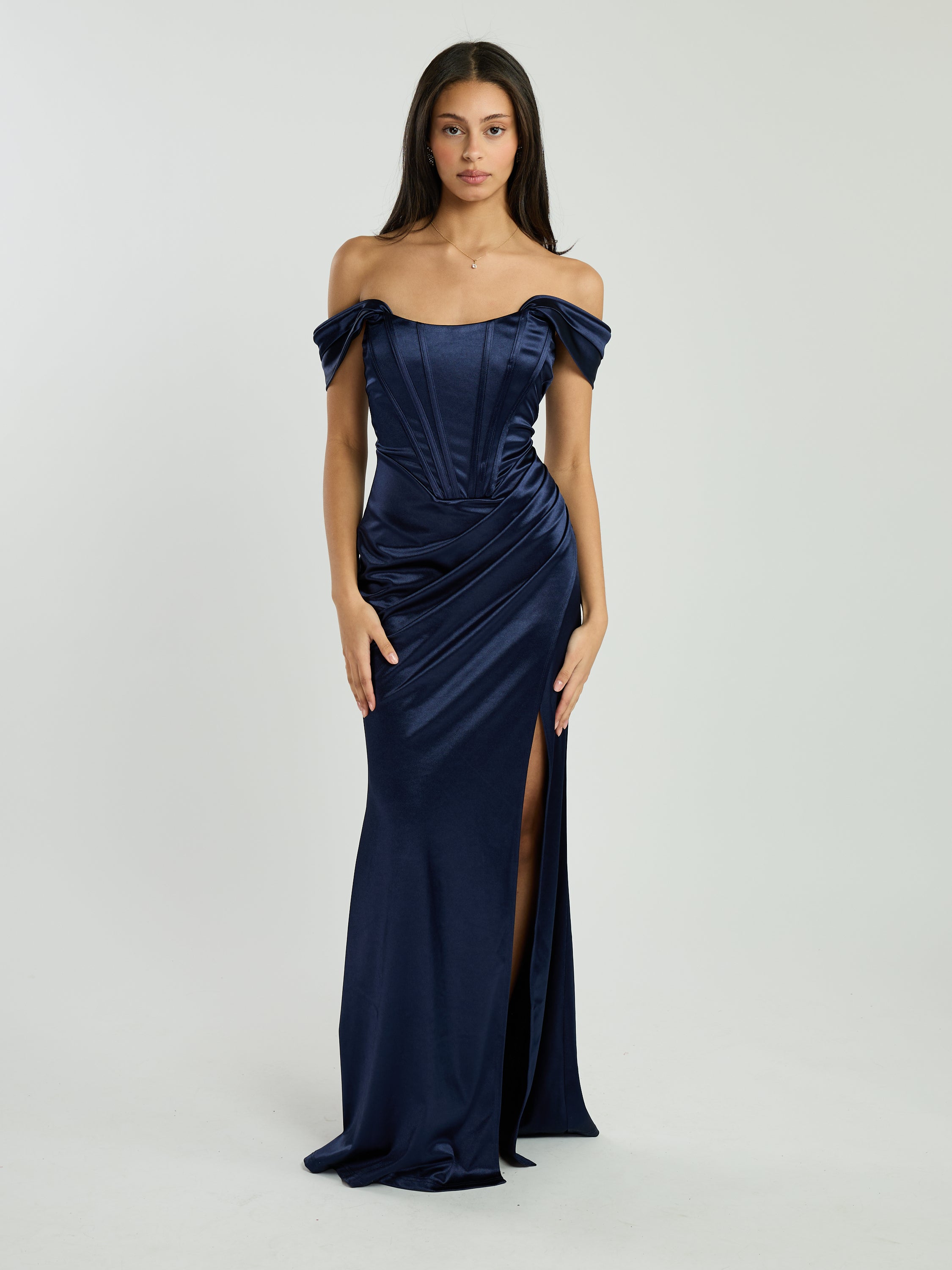 Justine Off-The-Shoulder Satin Drape Maxi Dress