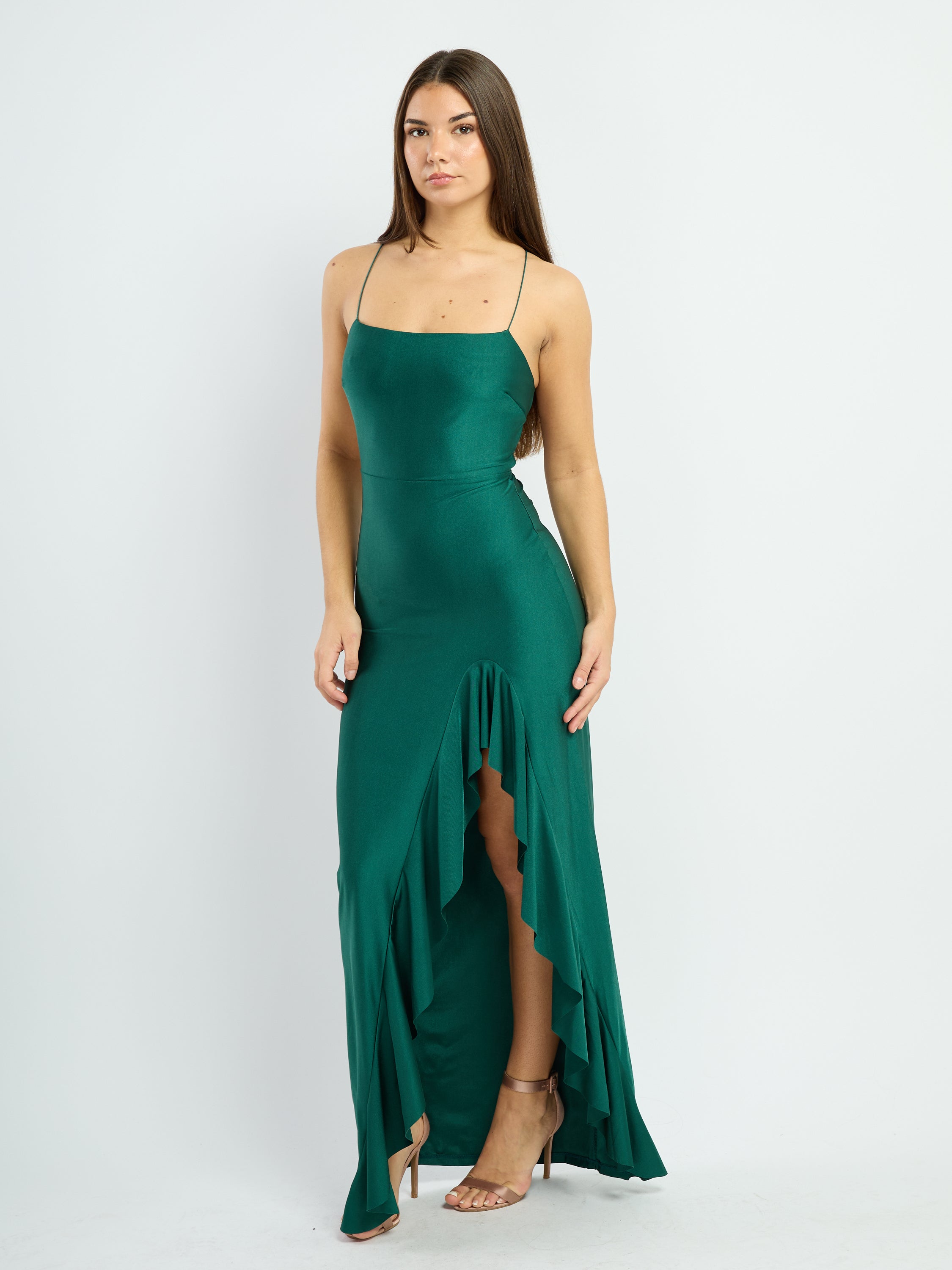 Maria KS Ruffle Slit X-Back Dress