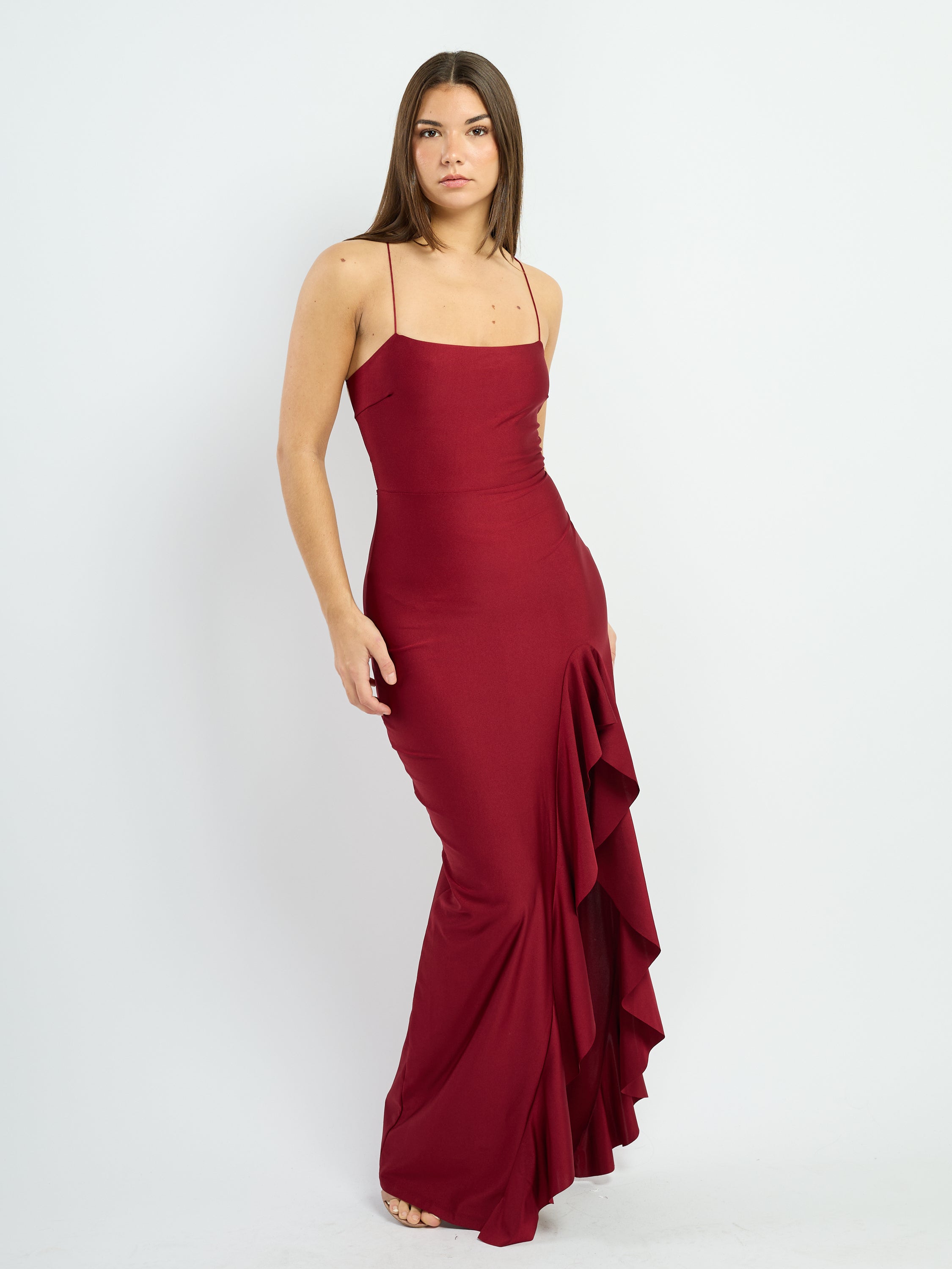 Maria KS Ruffle Slit X-Back Dress
