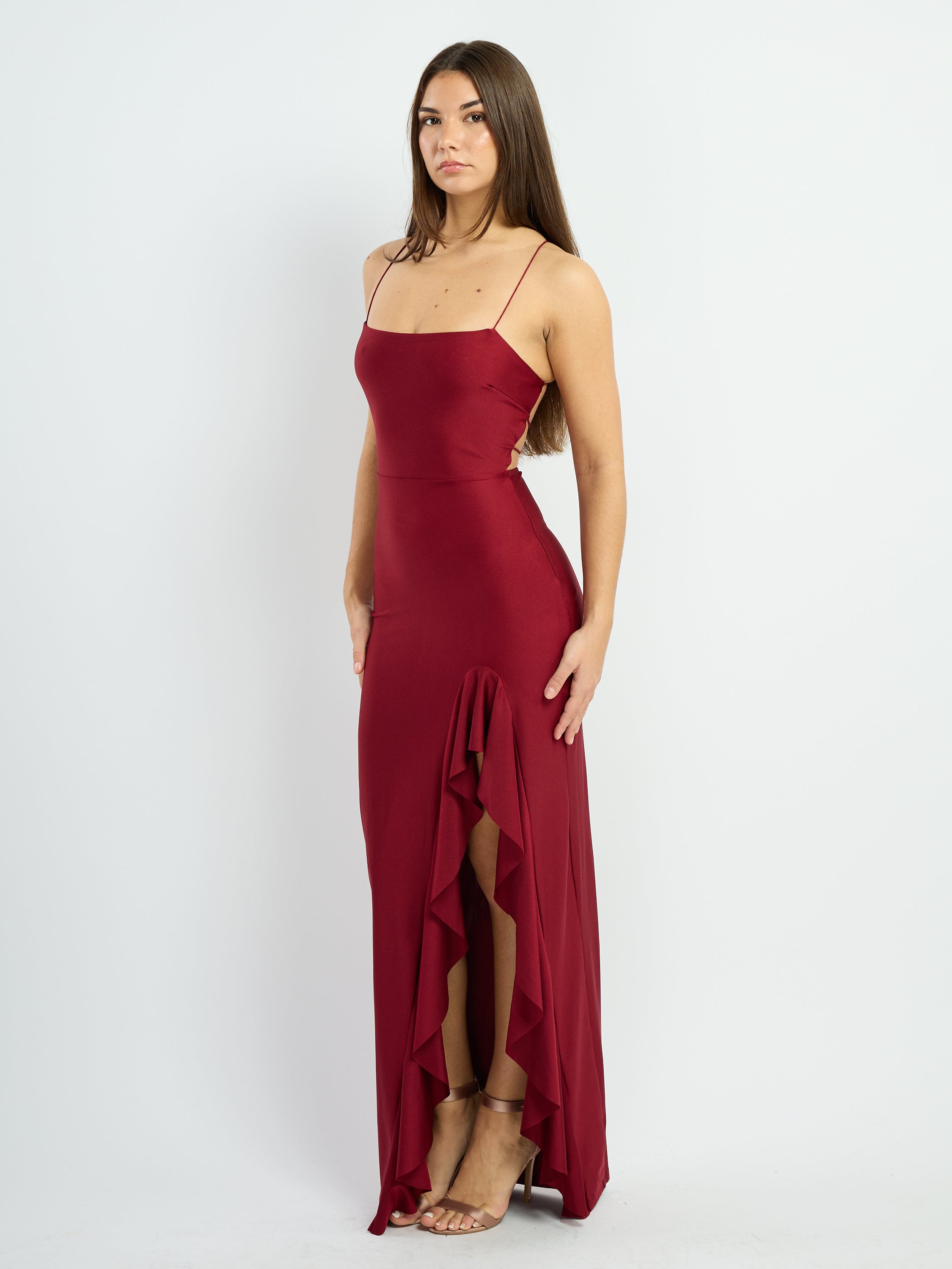 Maria KS Ruffle Slit X-Back Dress