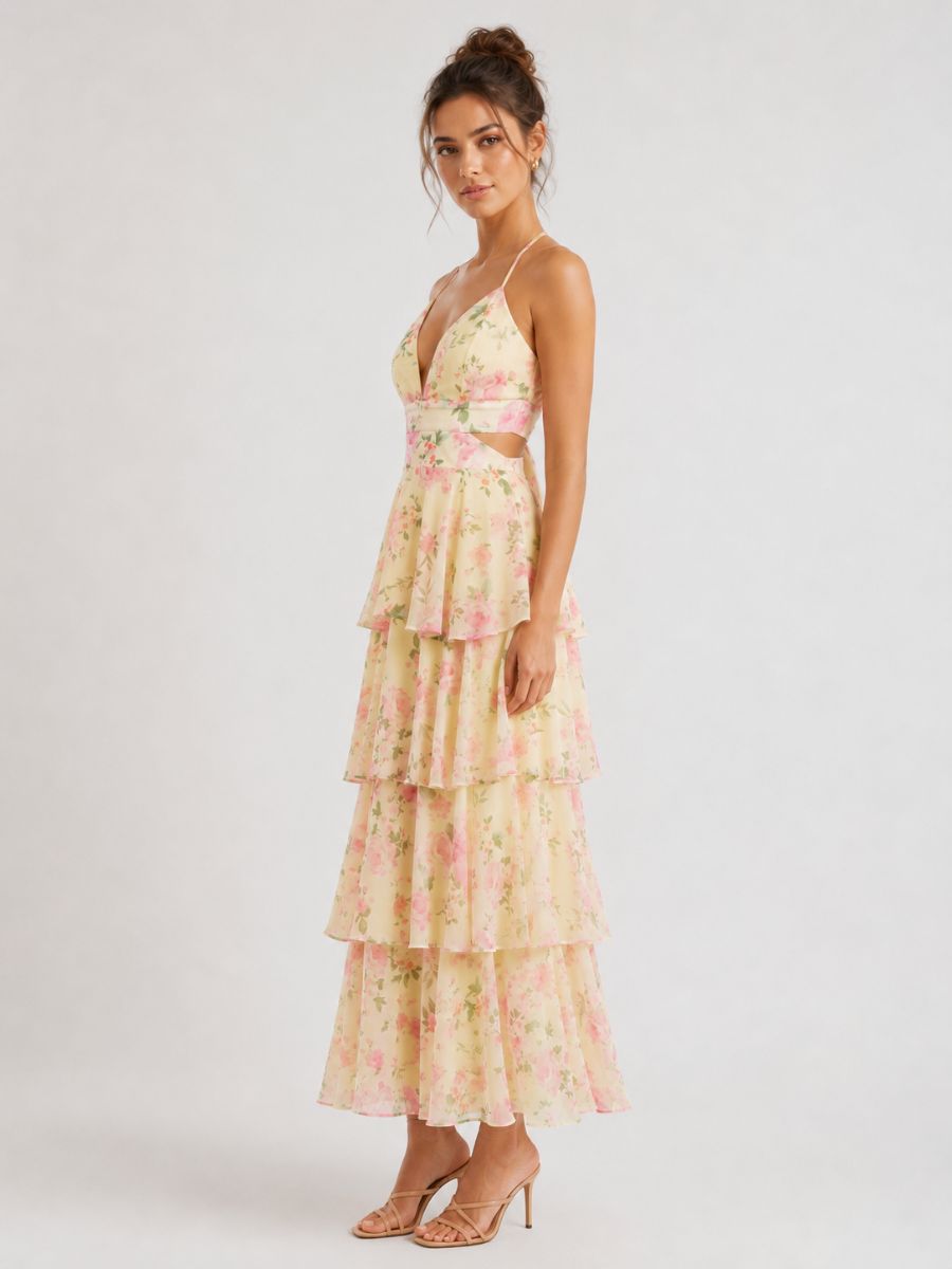 Blair Floral Print Chiffon Tiered Maxi Dress