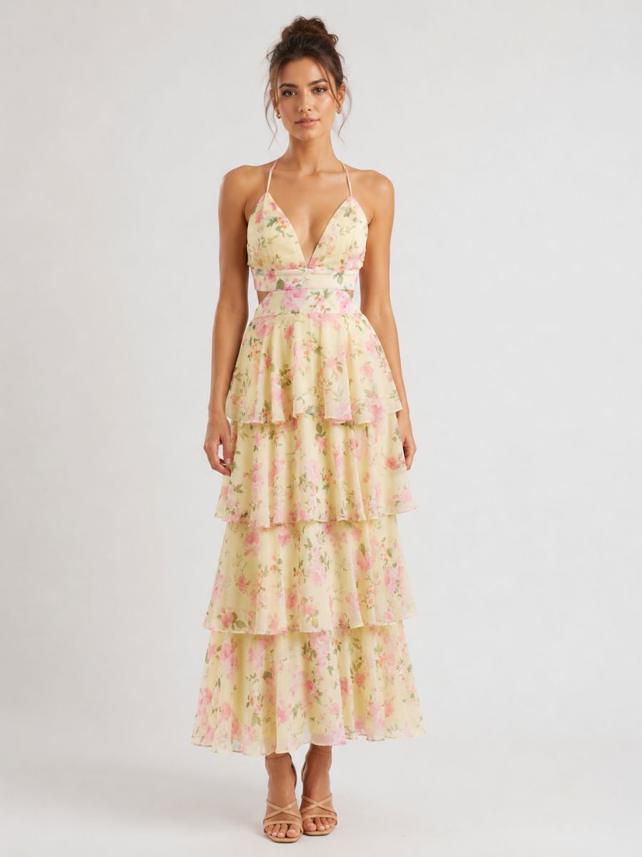 Blair Floral Print Chiffon Tiered Maxi Dress