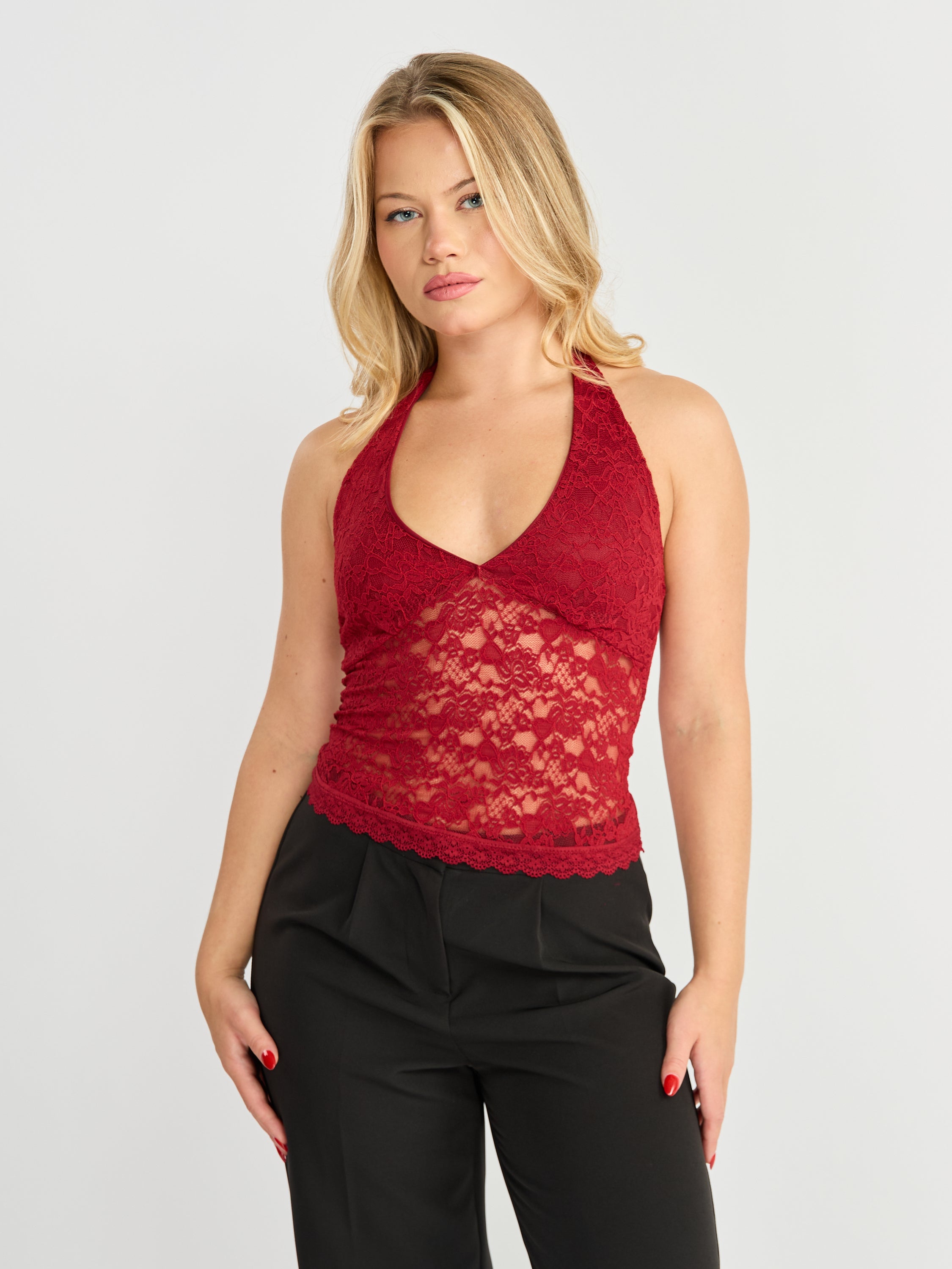 Lace Halter V-Neck Top
