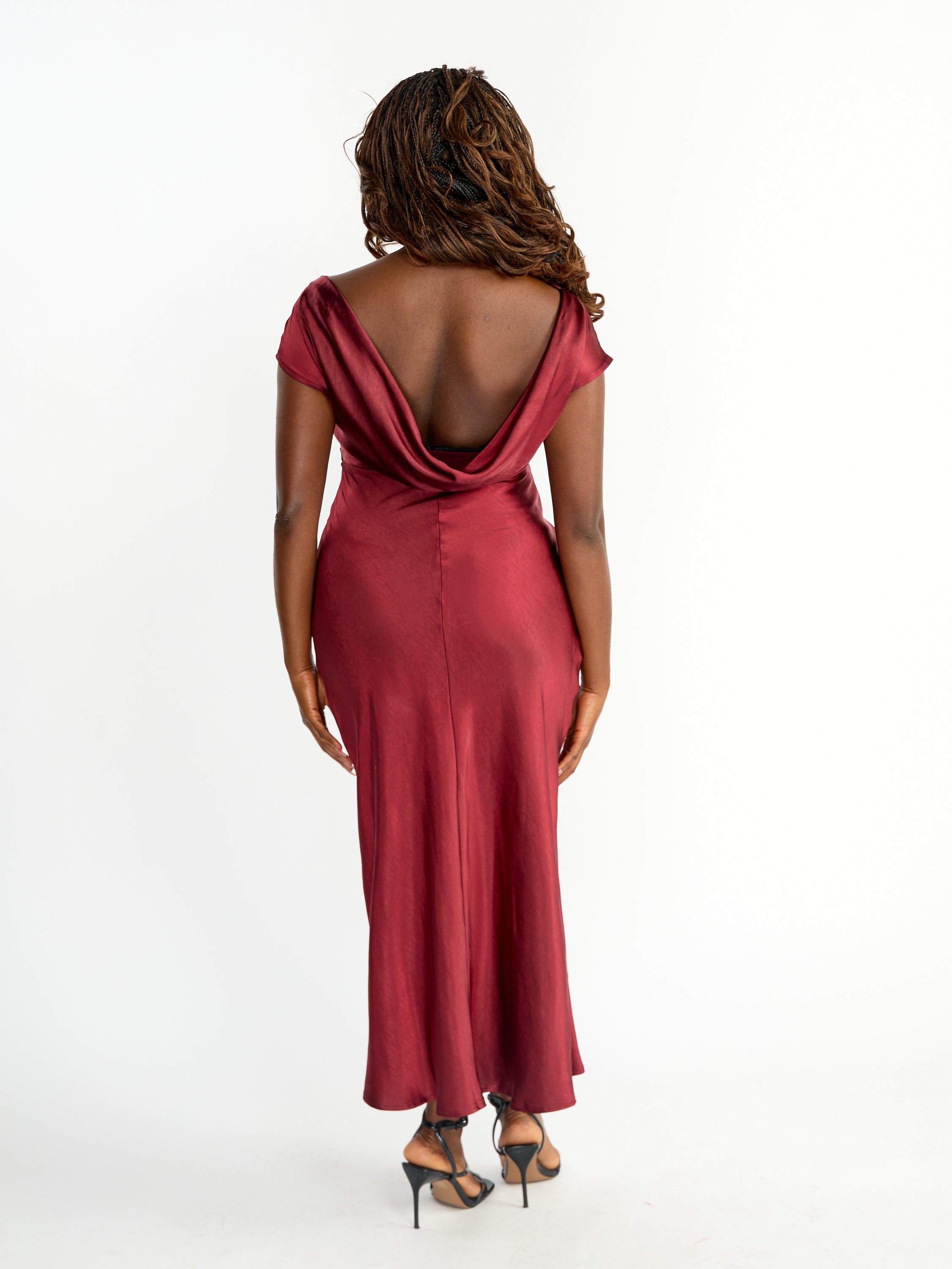 Beatrice Satin Cap Sleeve Cowl-Back Dress