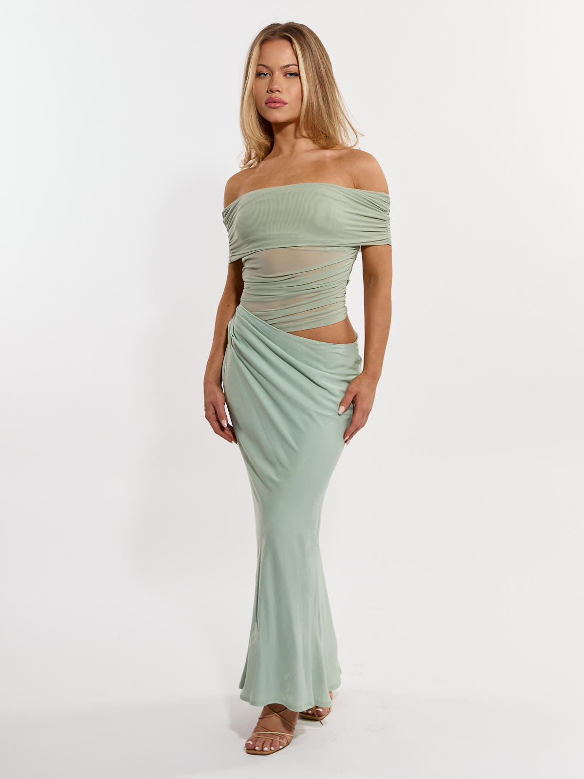 Secrets Off-the-Shoulder Midi Peep Dress