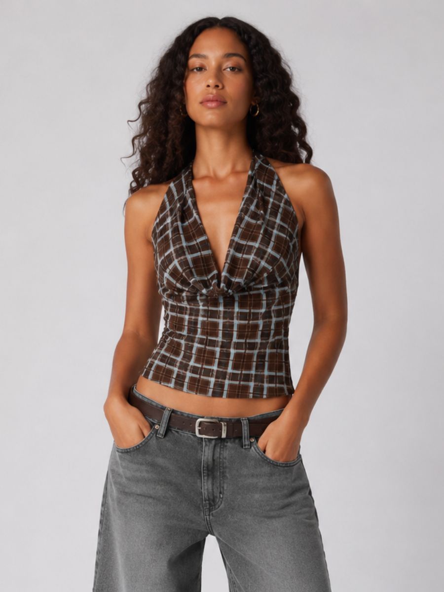 Cotton Candy Check Print Open Back Halter Top