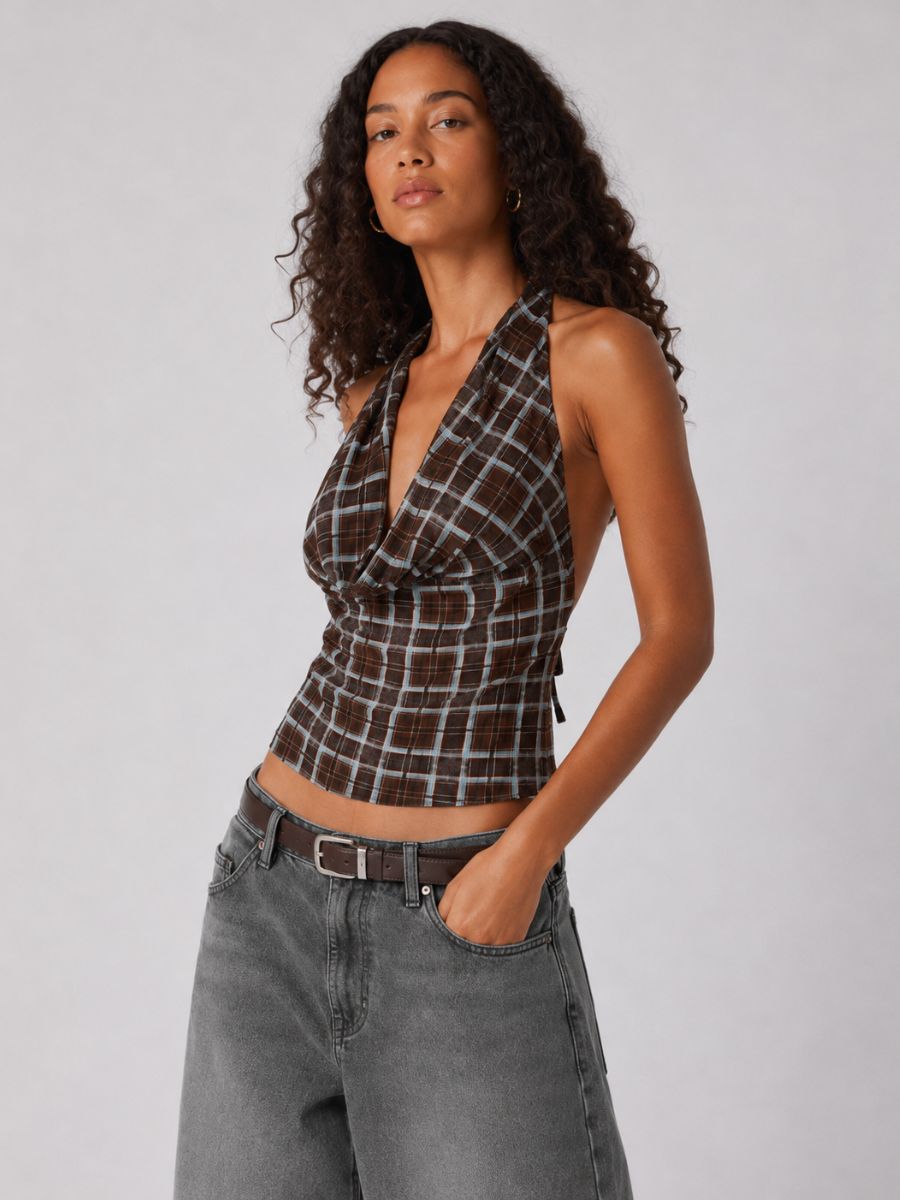 Cotton Candy Check Print Open Back Halter Top