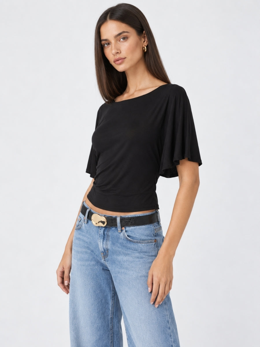 Ava Flutter Sleeve Tie Back Short Sleeve Knit Top