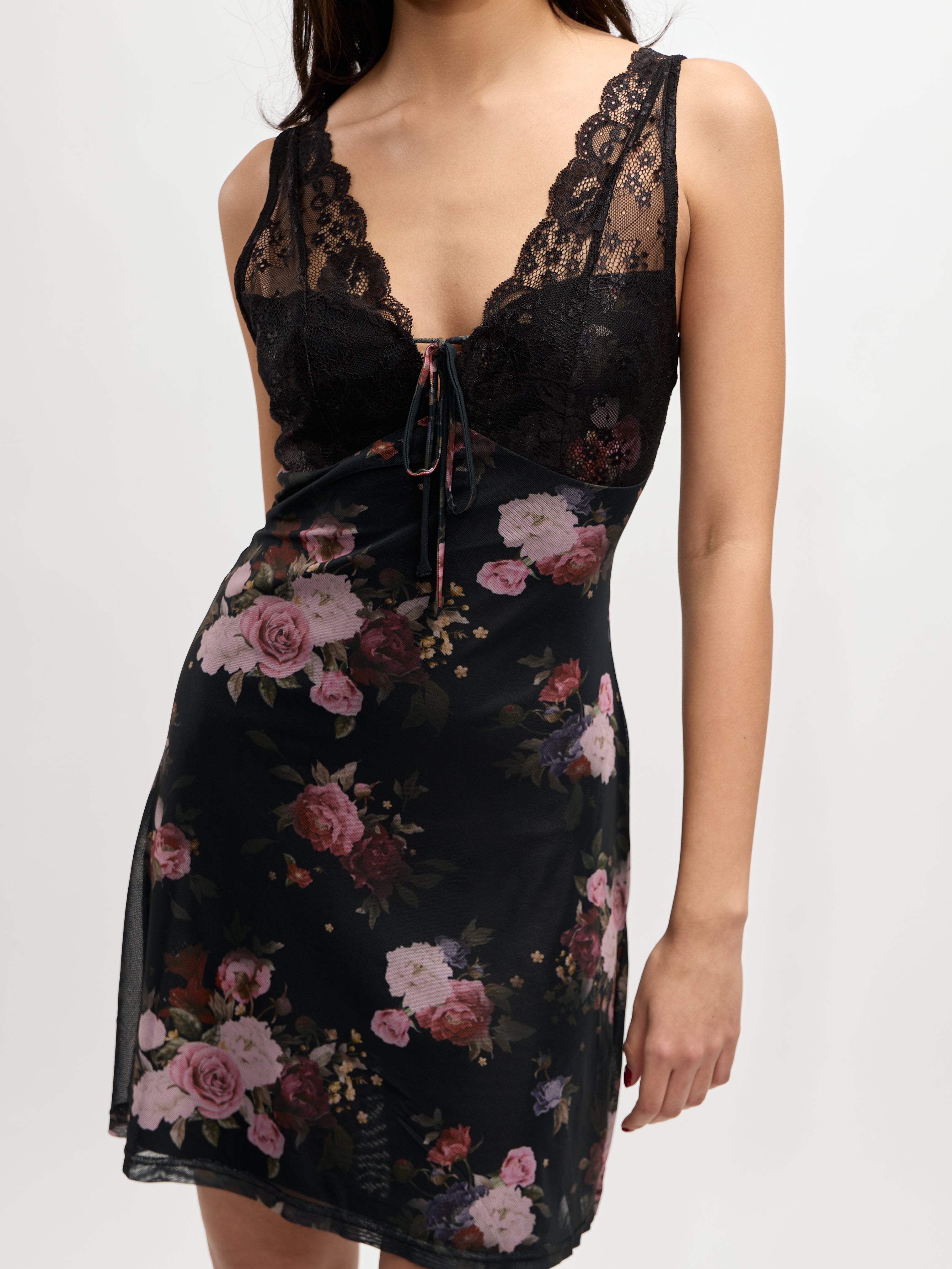 Brenna Lace Front Tie Mesh Mini Dress