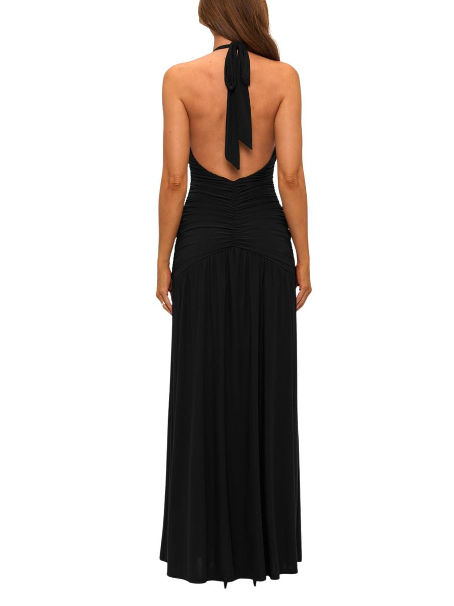 Cabo Jersey Ruched Slit Halter Maxi Dress