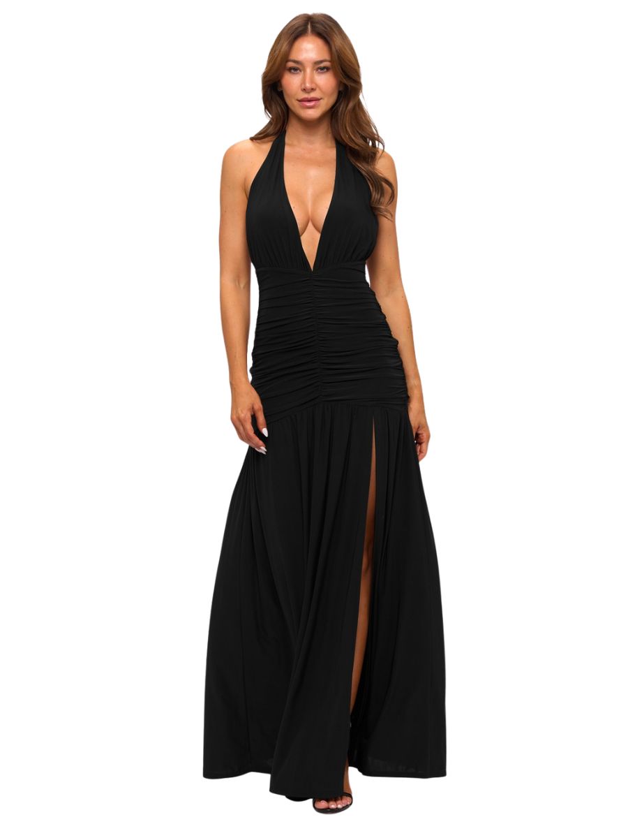 Cabo Jersey Ruched Slit Halter Maxi Dress