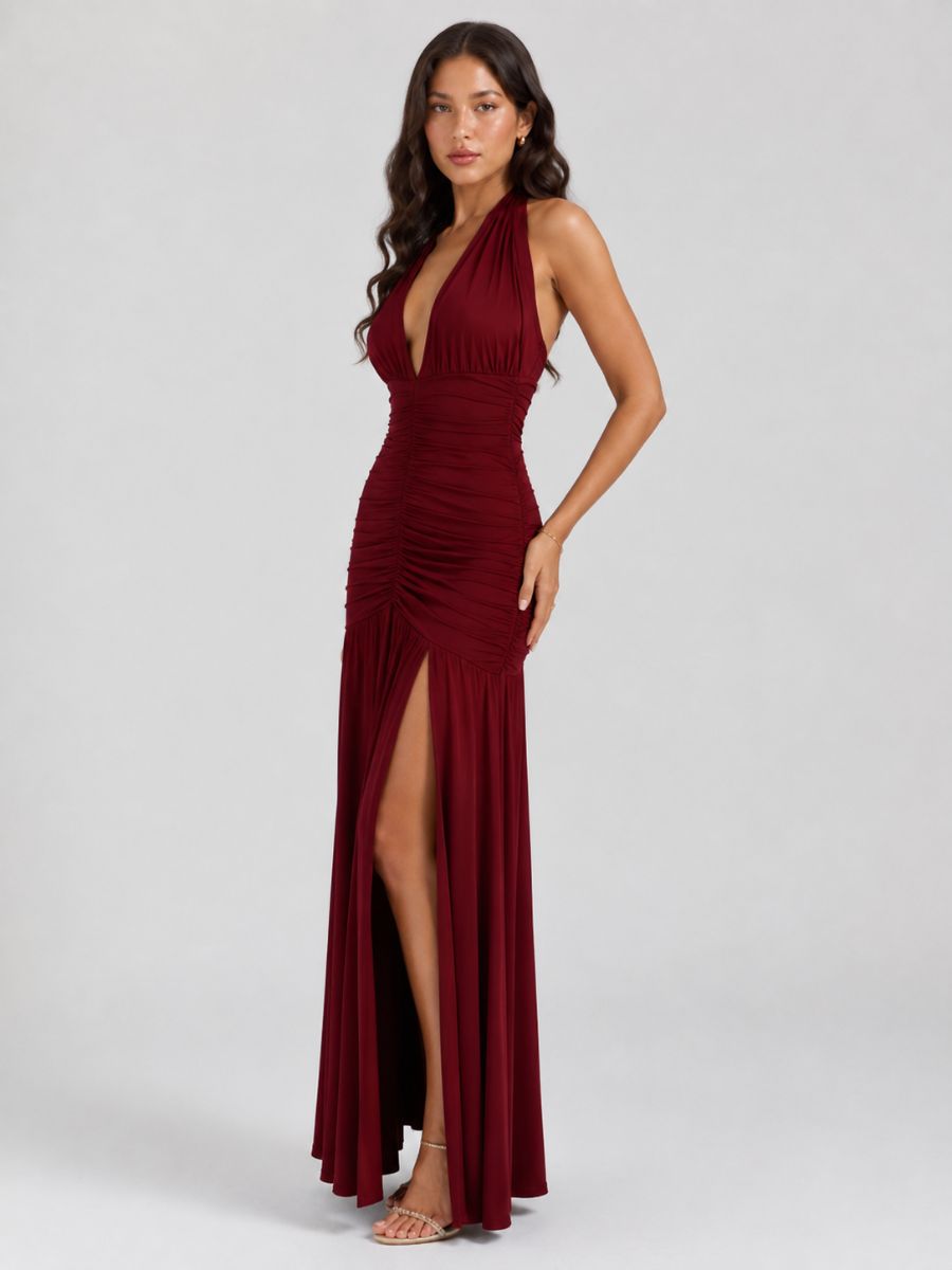 Cabo Jersey Ruched Slit Halter Maxi Dress