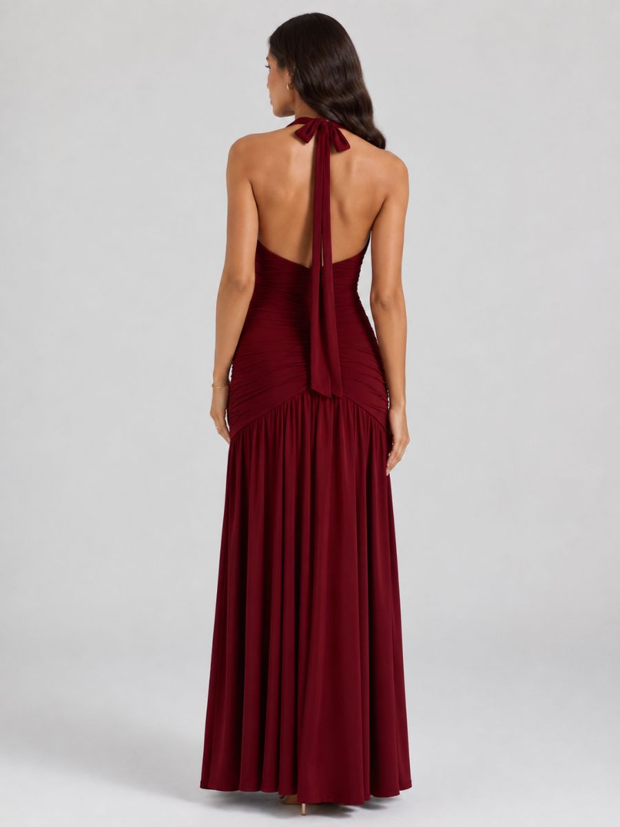 Cabo Jersey Ruched Slit Halter Maxi Dress
