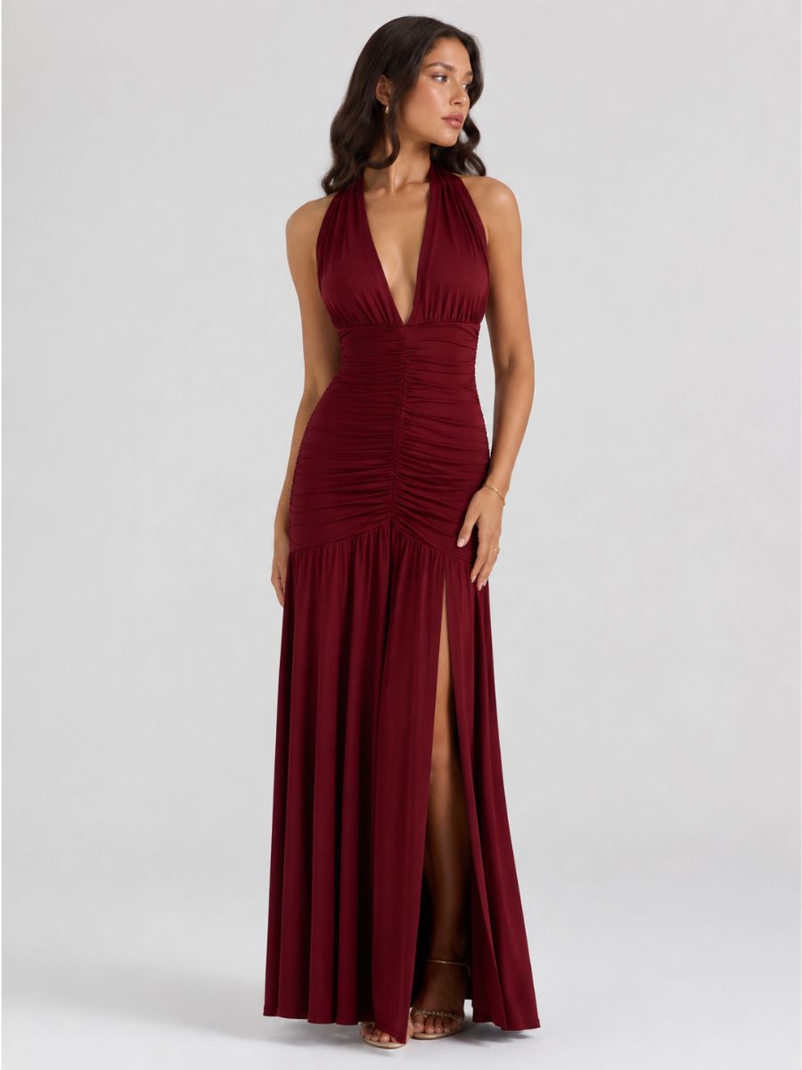 Cabo Jersey Ruched Slit Halter Maxi Dress