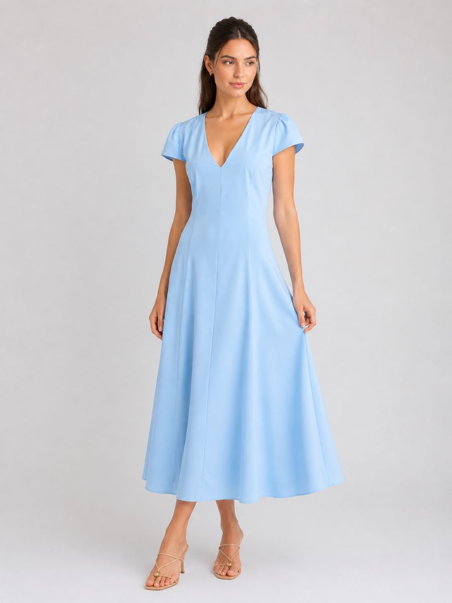 Magnolia Puff Sleeve V-Neck Midi Dress