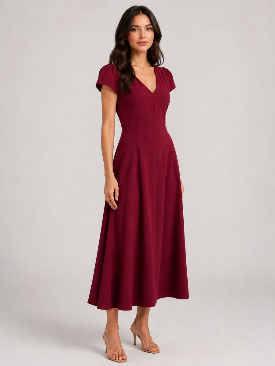 Magnolia Puff Sleeve V-Neck Midi Dress