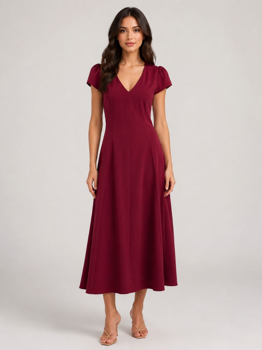 Magnolia Puff Sleeve V-Neck Midi Dress