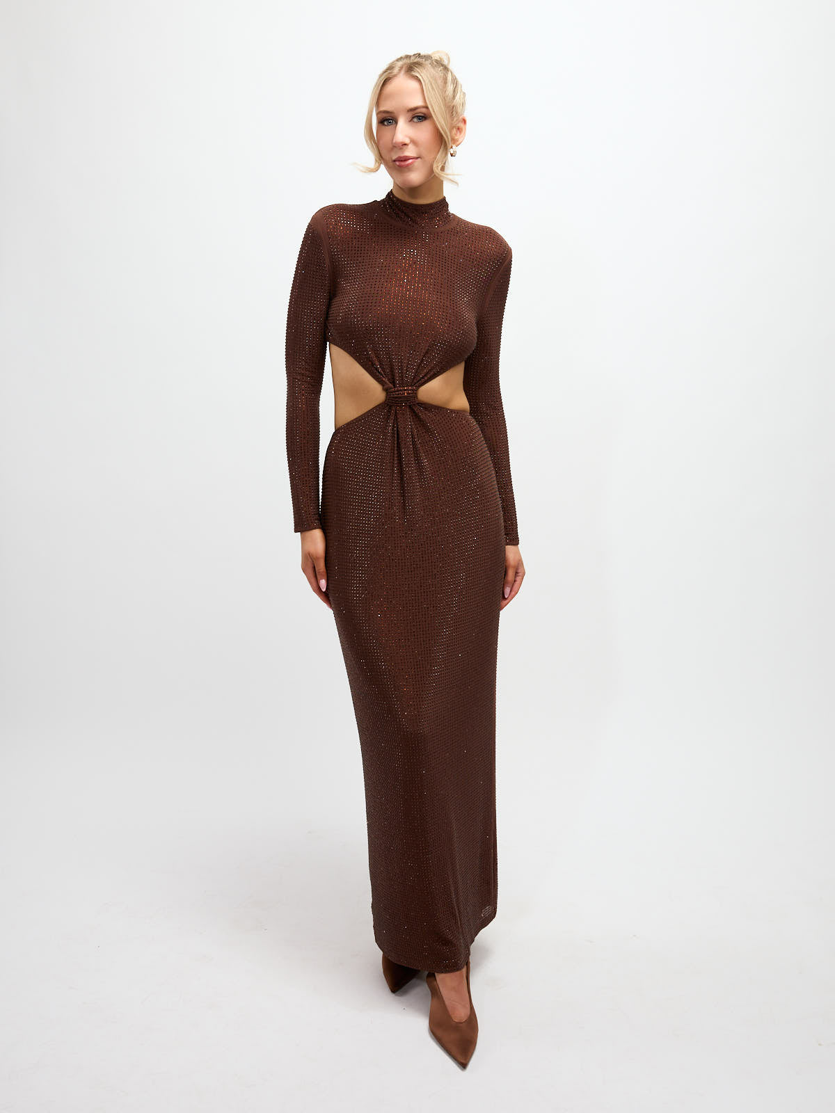 Retro Rhinestone High Neck Maxi Dress