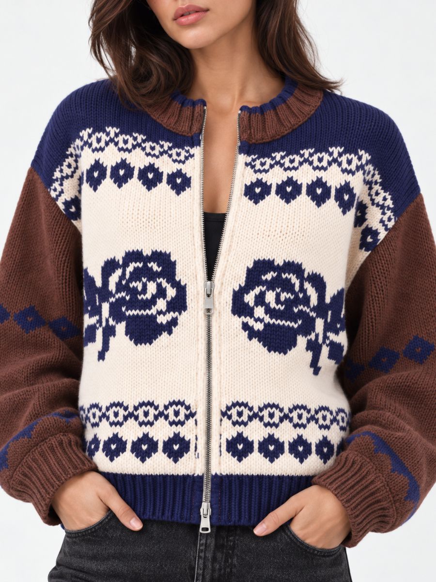 Sweet Rose Jacquard Zip Sweater