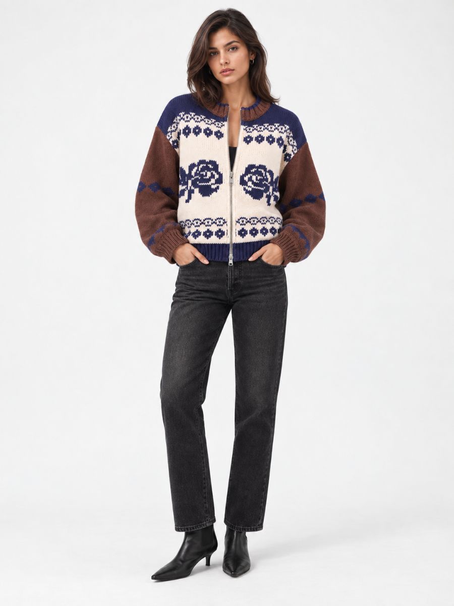 Sweet Rose Jacquard Zip Sweater