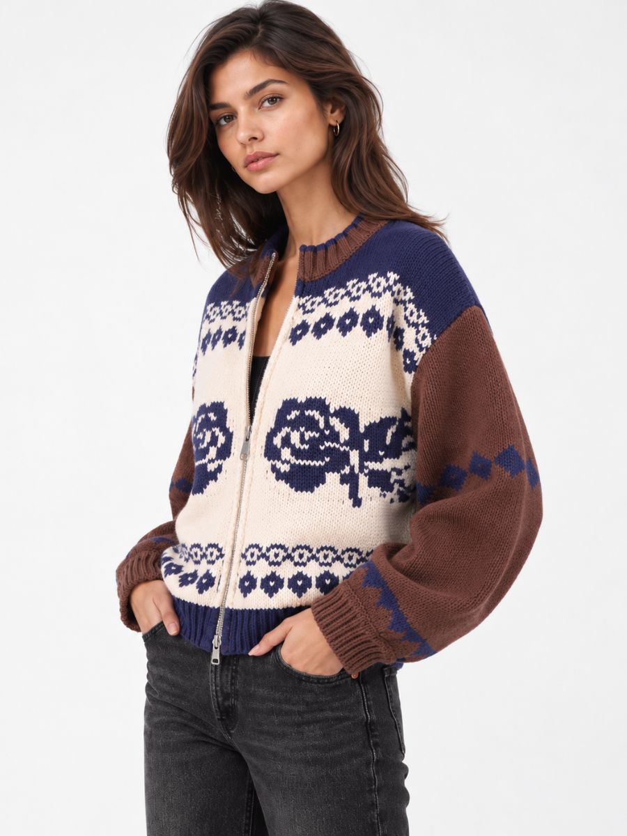 Sweet Rose Jacquard Zip Sweater