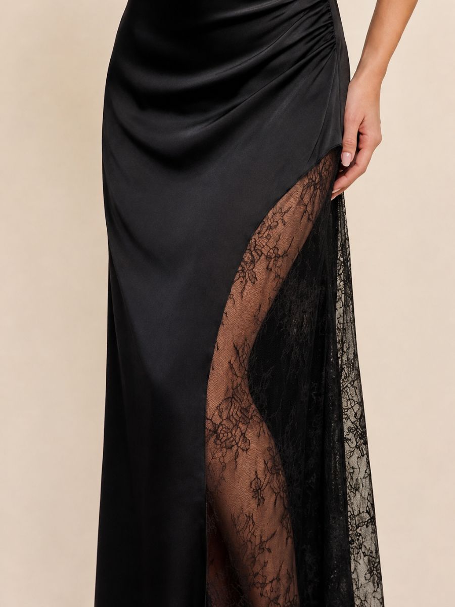 Aviva Off-the-Shoulder Satin Lace Bottom Dress