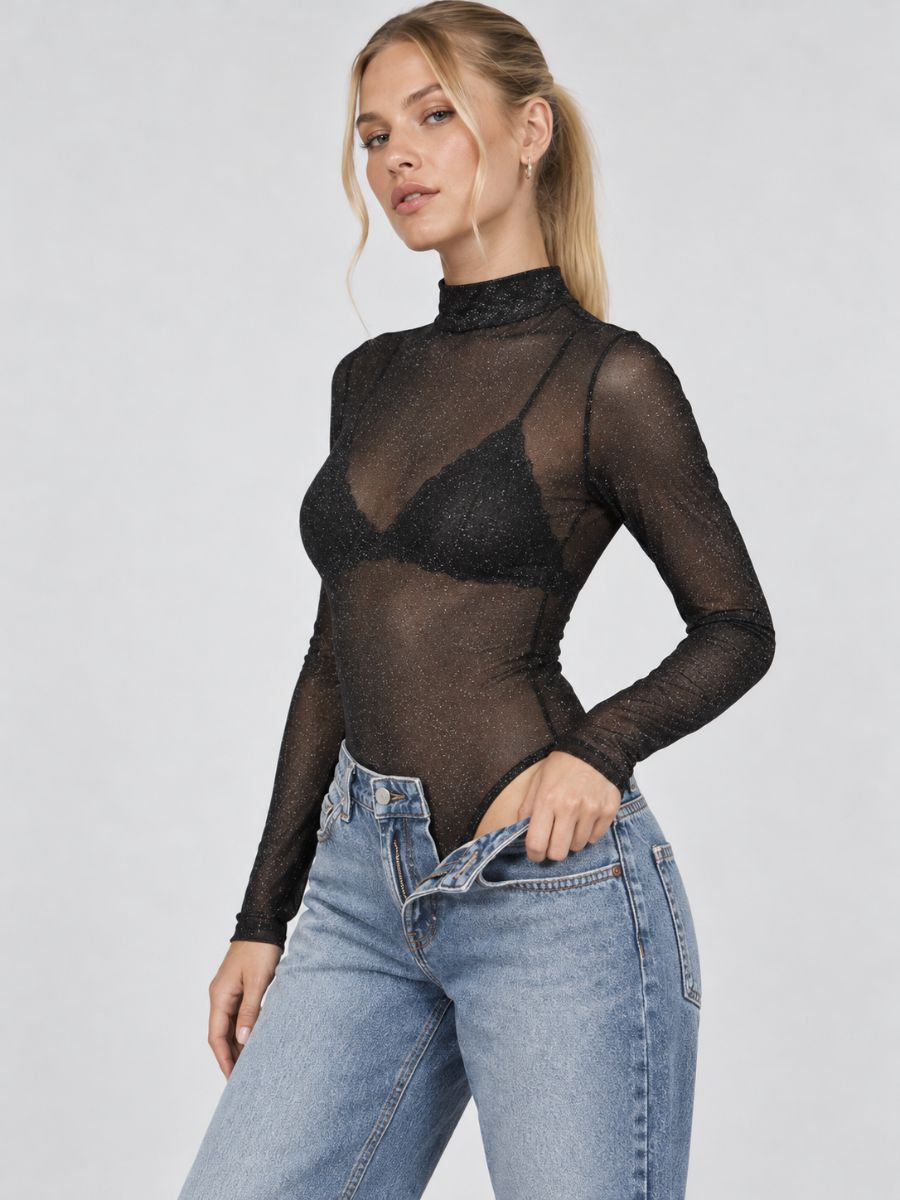Sienna Mock Neck Sequin Mesh Bodysuit
