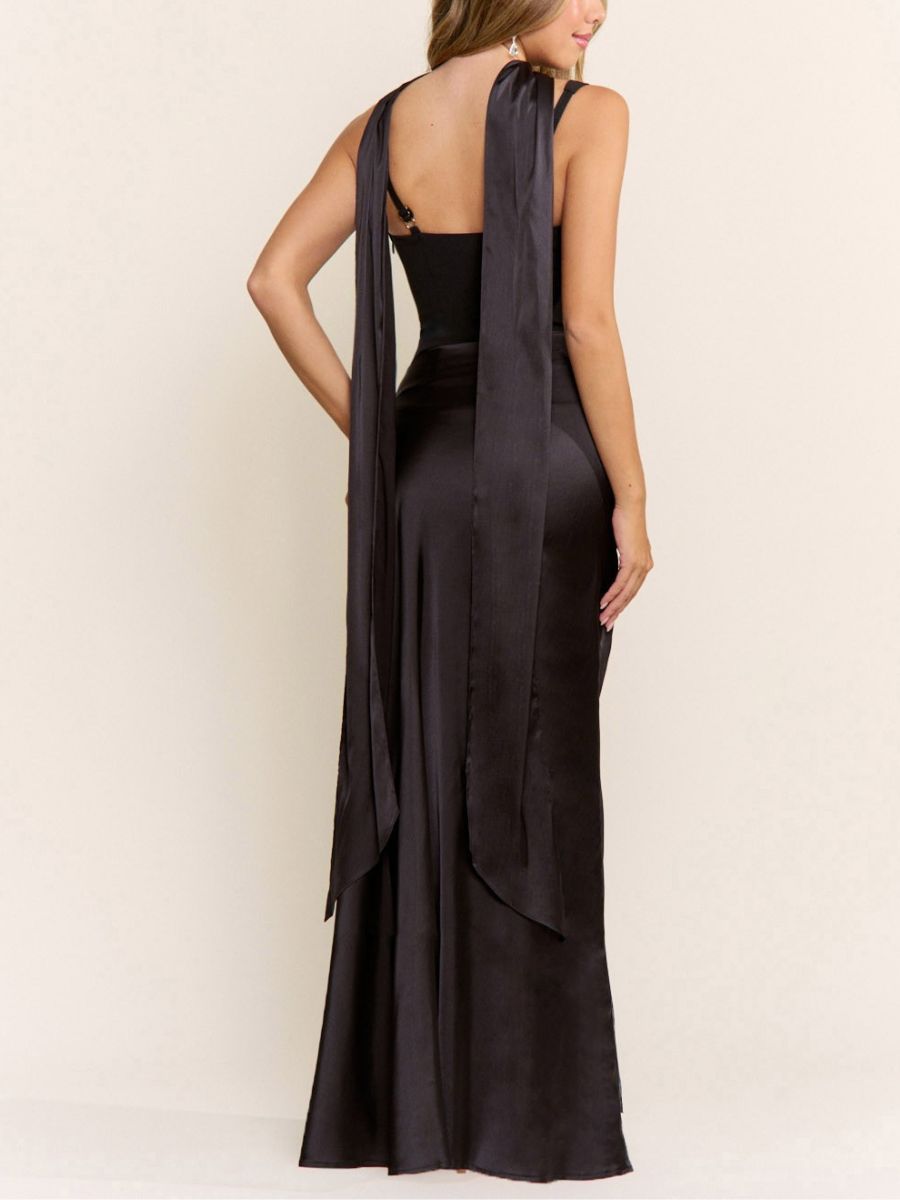Ceebee Satin Drape Waist Dress with Scarf